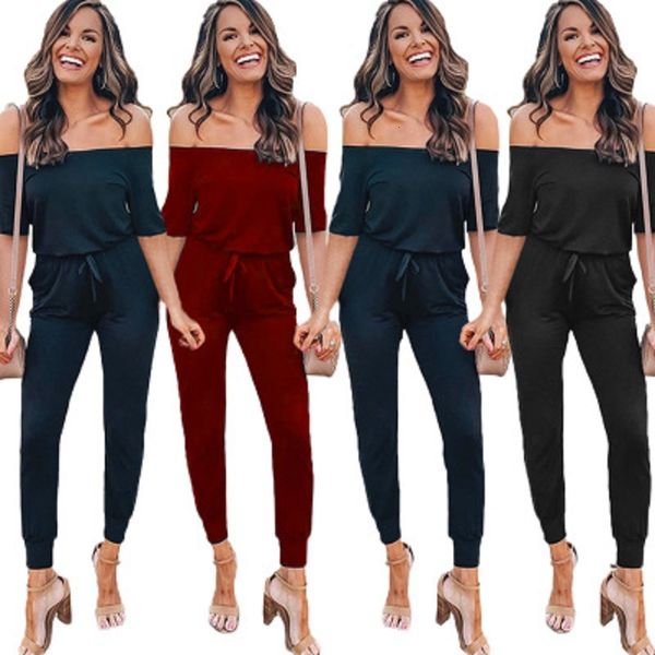 

off the shoulder jumpsuits short sleeve long lace up streetwear big size casual jumpsuit women 2020, Black;white