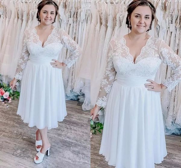 

simple short wedding dress 2021 plus size lace long sleeve a-line appliques bridal gowns white tea length chiffon dresses