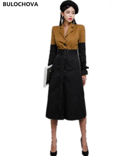 

womans suit collar temperament windbreaker coats 2020 autumn women stitching color belt long jacket coat1, Tan;black