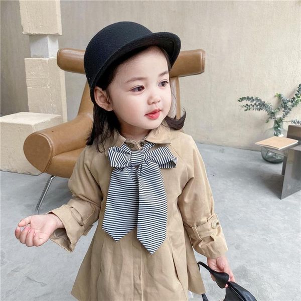

autumn winter baby girl long windbreaker fashion kids striped bow tie solid trench coat for girl child loose casual windbreaker, Blue;gray