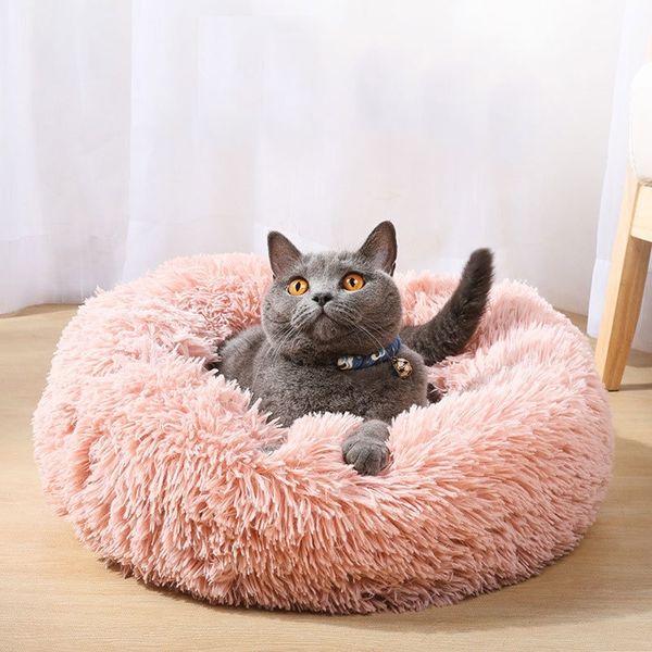 Cat Bed House Rotondo lungo peluche Super Soft Pet Dog Bed Inverno caldo sacco a pelo Cucciolo per cani Nido Prodotti Cat Mat 201120