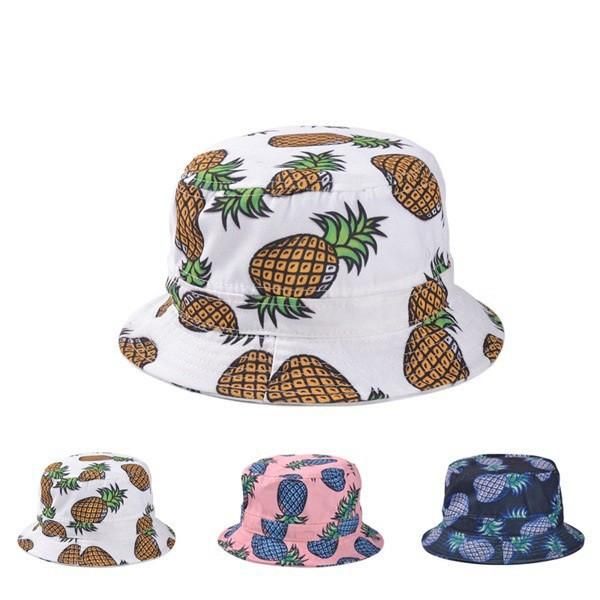 

cloches 2021 fashion lovely summer white pineapple printed bucket hats outdoor fishing sun caps women girls, Blue;gray