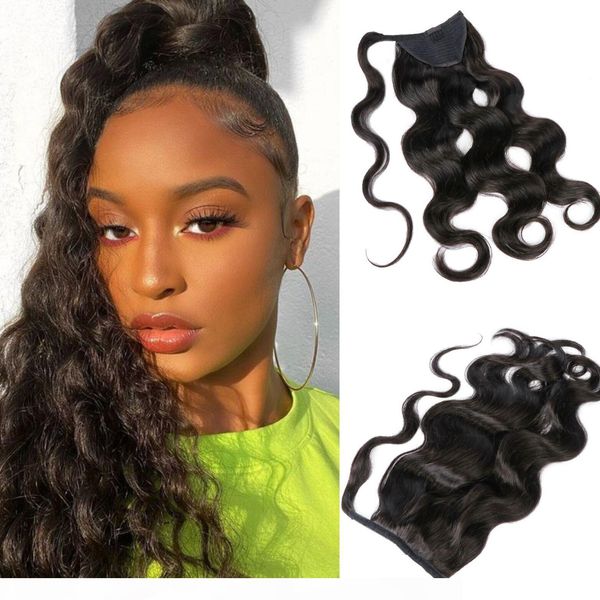 

premium quality human hair wrap around ponytail body wave brazilian hair extensions thick ends clip in pony tail 120g, Black