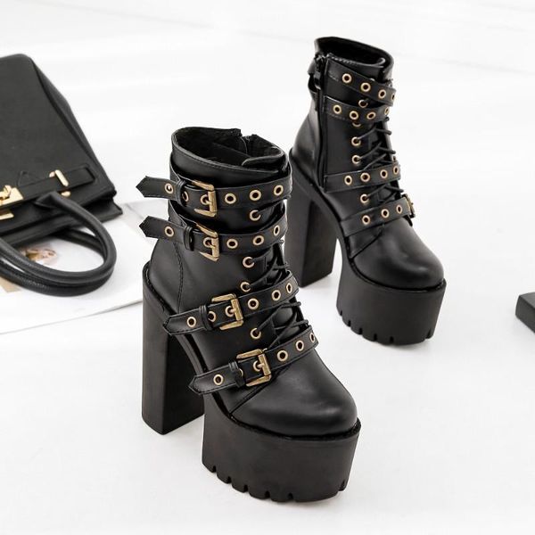 

boussac metal gold buckle motorcycle boots women round toe black punk platform boots women thick high heel winter shoes1