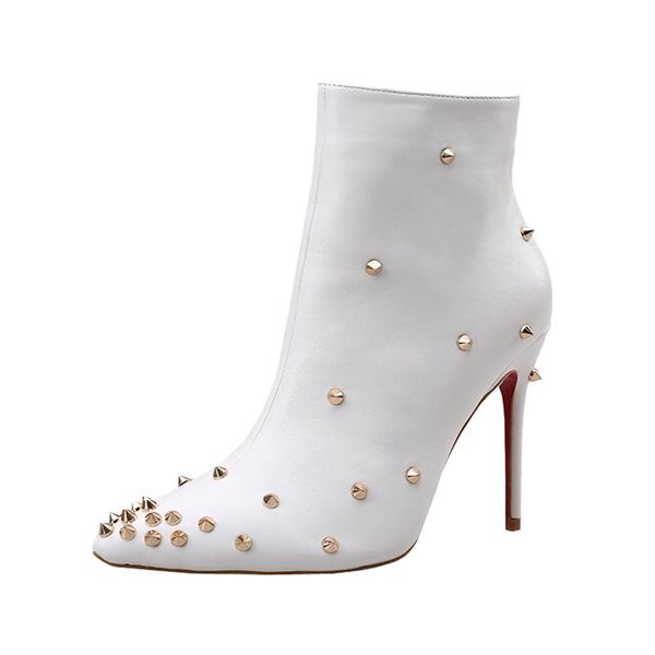 

boots european american spring and autumn riveting nail women's, white french super high heels thin heeled pointed, Black