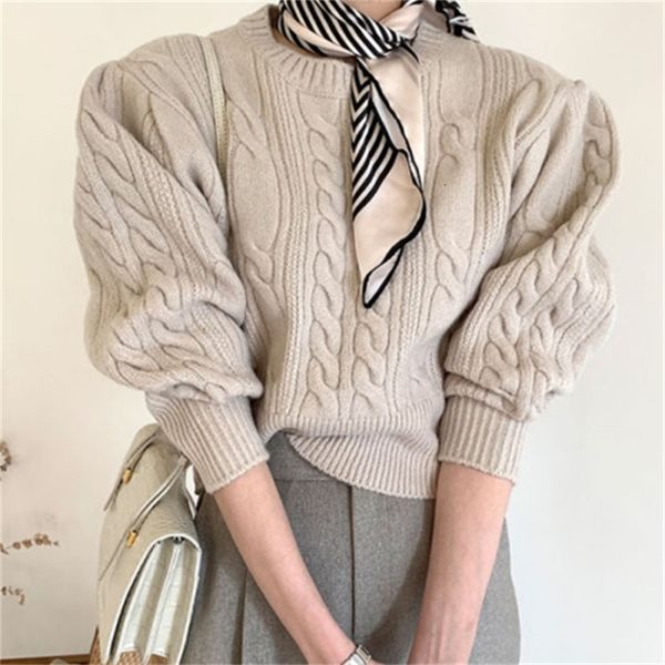 

2021 new female knitting sweater pullovers solid neck-puff sleeves standard crocheted jumper jumpers spring jerseys g8j3, White;black