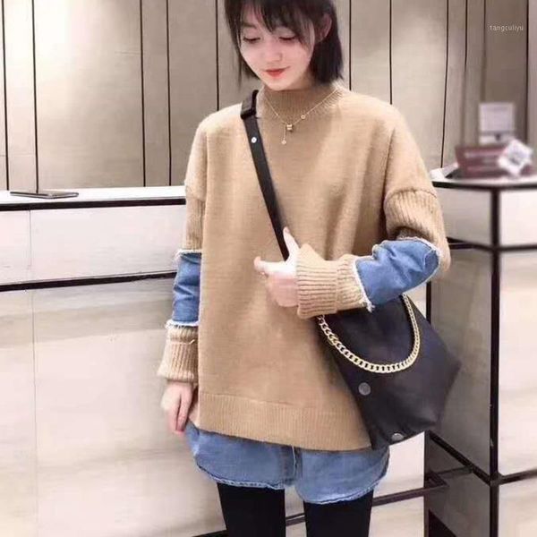 

ewq] 2020 spring autumn half turtleneck collar long sleeve denim patchwork knitting pullovers streetwear sweater women 19c-a1221, White;black