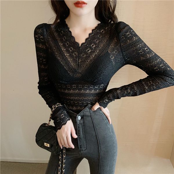 

autumn 2020 new korean lace perspective v-neck slim t-shirt bottom shirt short thin long sleeve women's wear