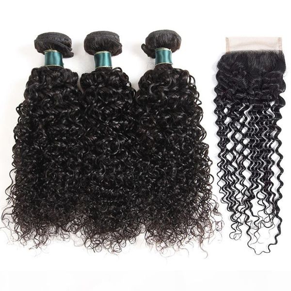 

kinky curly human hair bundles with closure brazilian peruvian virgin remy hair weave 3 bundles with 4*4 lace closure extension, Black