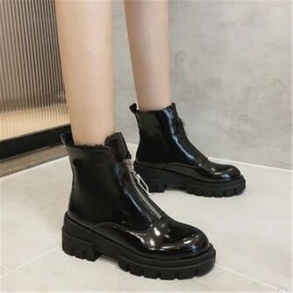 

winter 2021 new leather chunky shoes toe round front zip ladies low heels women's boots g0hg, Black