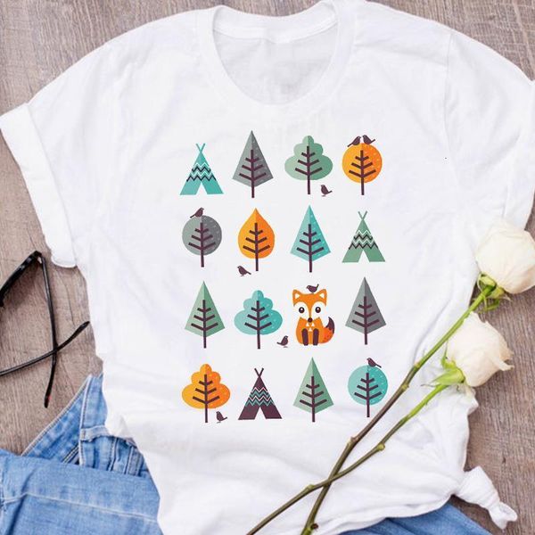 

women graphic fox forest cute cartoon printing short sleeve clothing 90s clothes lady tees female t shirt womens t-shirt, White