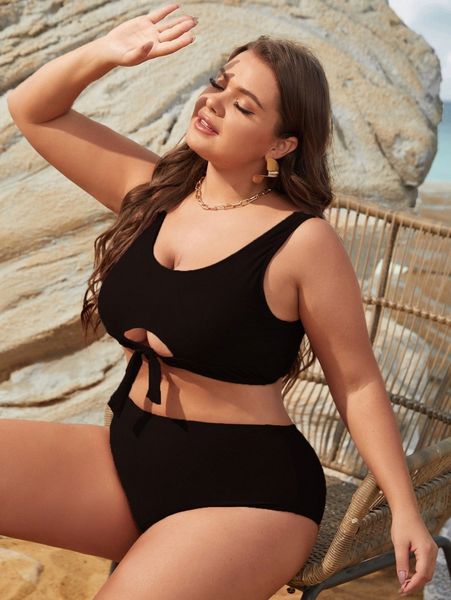 

plus cut-out knot hem high waisted bikini swimsuit 31qh#, Black