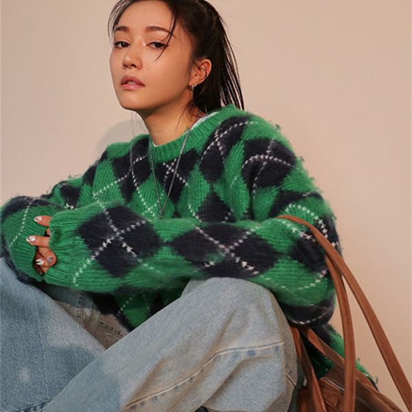 

vintage contrast color plaid oversize knitted sweater women autumn winter loose pullover batwing sleeve lazy style sweaters h1211, White;black