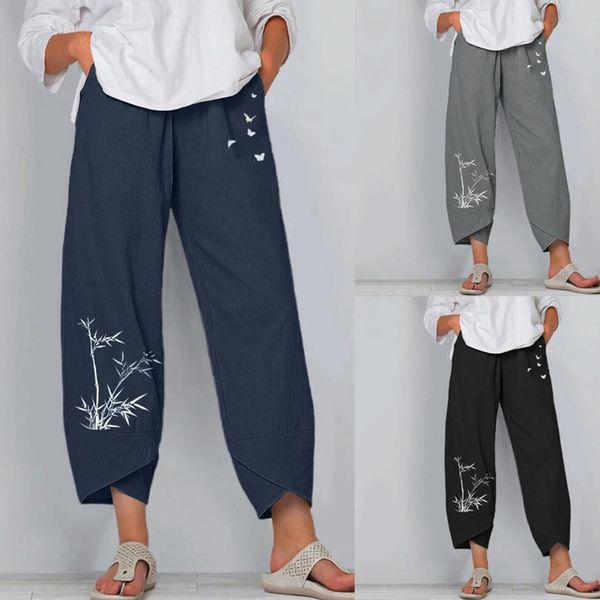 

30h trousers women casual daisy print pants women embroidery polyester elastic waist wide leg pants drop shipping, Black