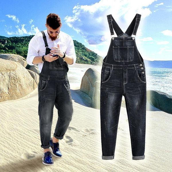 

2020 new men's casual pocket black denim long denim horn overalls1, Blue