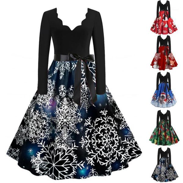 

40#women vintage dress long sleeve christmas musical notes print elegant flare dress comfortable plus size big swing1, Black;gray