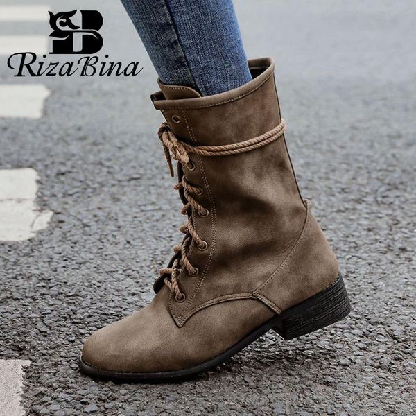 

boots rizabina women ankle round toe low heel short lace up retro shoes stylish female footwear simple winter size 32-43, Black