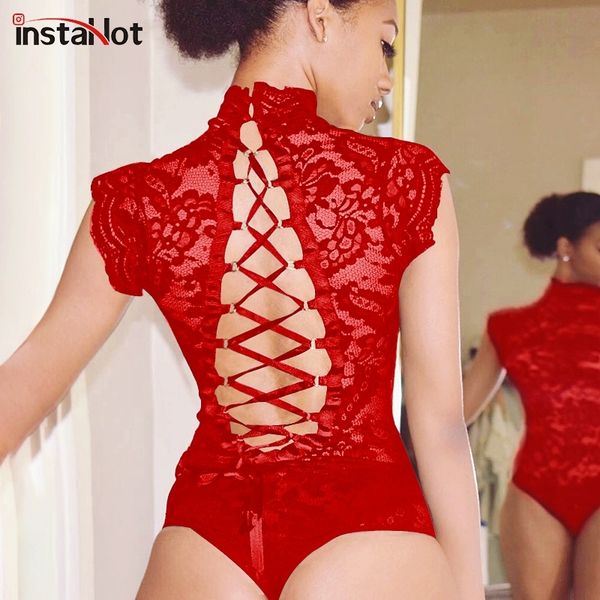 

instamesh lace bodysuit women backless lace up sleeveless rompers party club ruffles black white slim bodysuit playsuit y200401