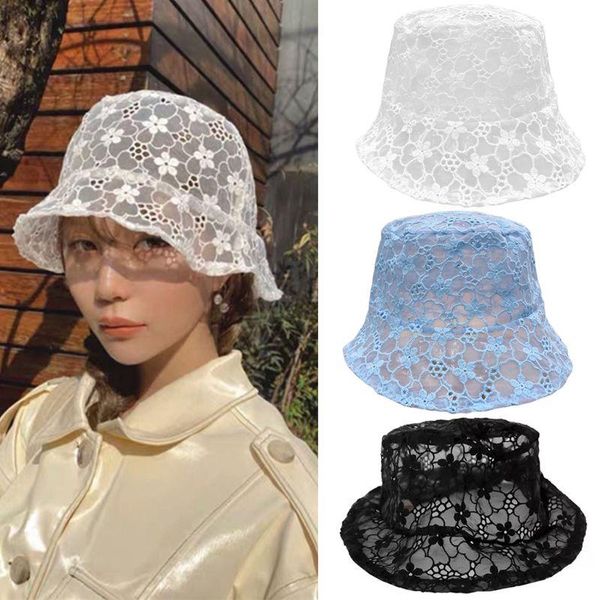 

women summer hollow out wide brim bucket hat embroidery floral lace solid color floppy beach vacation fisherman cap, Blue;gray