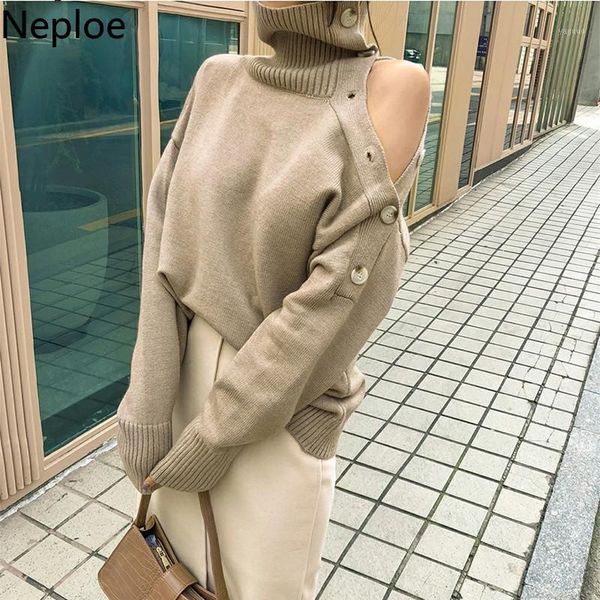 

neploe off shoulder woman sweater 2020 winter clothes women knitted pullovers turtleneck chic jumper pull femme 4g1091, White;black