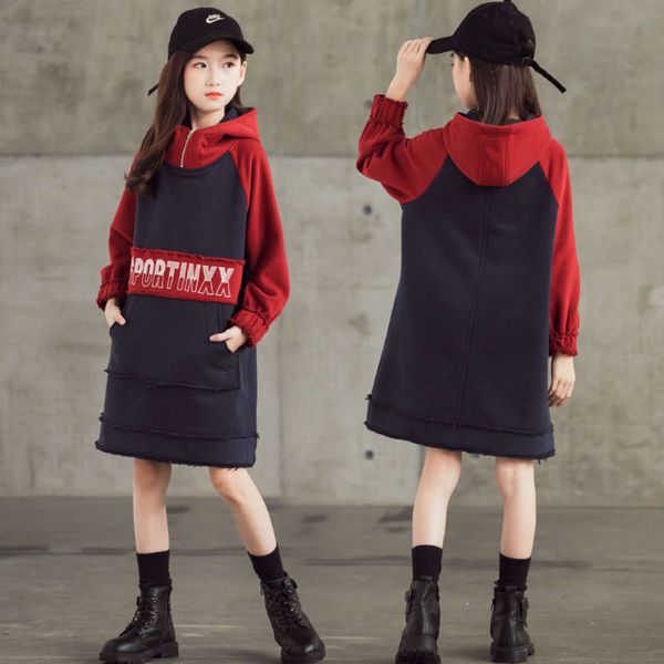 

girls' plush thickened drs 2020 winter new high collar hooded contrast embroidery warm medium length skirt, Red;yellow