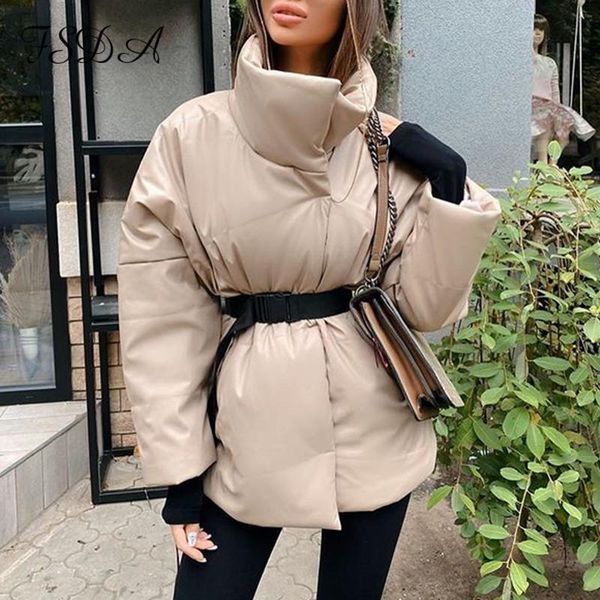 

fsda autumn winter women coat jacket parkas warm with belt casual 2020 loose pocket bubble khaki sashes short jackets thick, Black