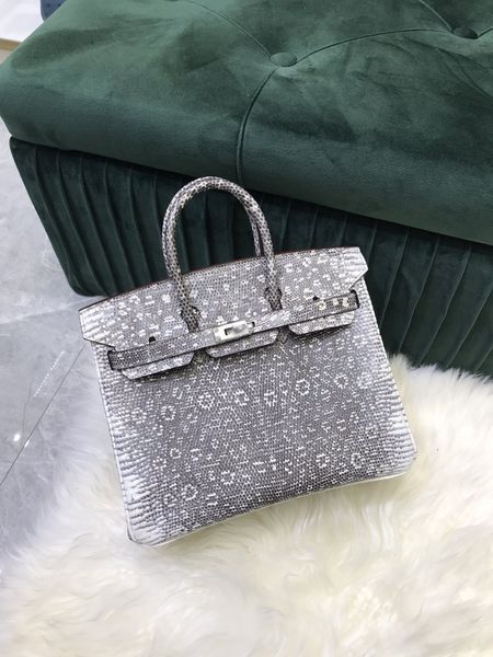 

30cm luxury totes real lizard skin fully handmade quality wax stitching designers bag snow color also can make many other colors