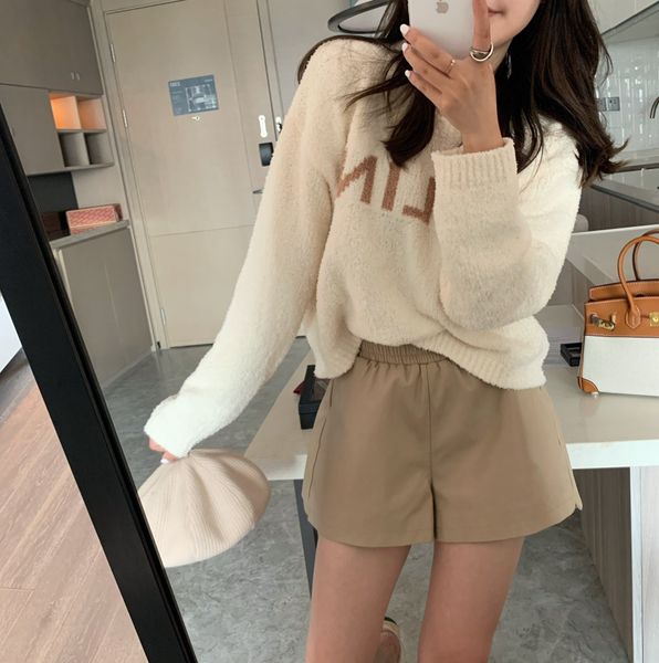 

2021 new autumn new plutonium shorts women elastic waistband fashion broad leg-to-line women's leather pants f6078 p0xr, White;black