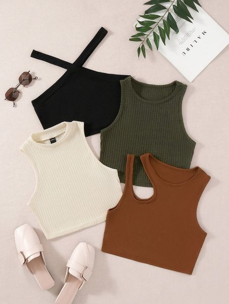 

4pcs solid ribbed crop a6yc#, White