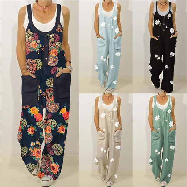 

womens jumpsuit summer casual loose linen cotton jumpsuit dungarees playsuit floral overalls breathable new lady rompers female, Black;white