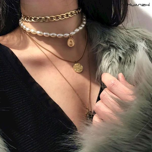 

chains huanzhi 2021 fashion gold color multilayer coin pearl necklaces geometric crystal pendants for women, Silver