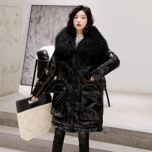 

janveny большого fur real winter пуховик женщины 90% белая утка вниз пальто длинного сыпучего женского parka водонепроницаемого глянцевого п, Black
