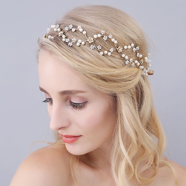 

o935 exquisite handmade wedding bridal headpiece shiny alloy grystal rhinestone pearl flower marriage bride headband with ribbon, Silver