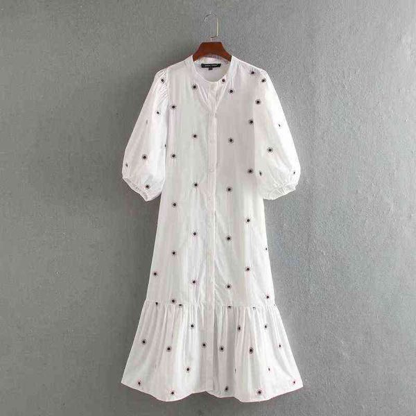 

2020 women vintage lantern sleeve flower embroidery midi shirtdress female hem pleats vestidos chic casual loose dresses ds3436 g1223, Black;gray