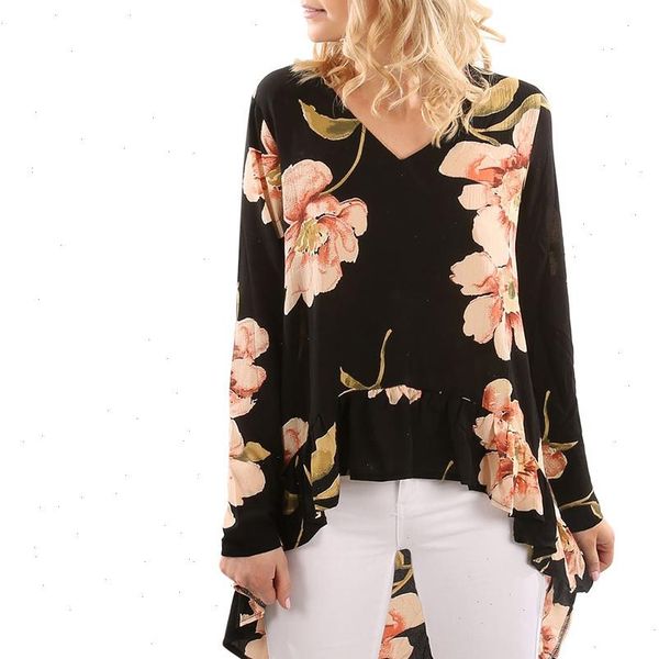 

floral print high low hem high blouse women clothing butterfly sleeve asymmetrical chiffon loose blusas c1935, White