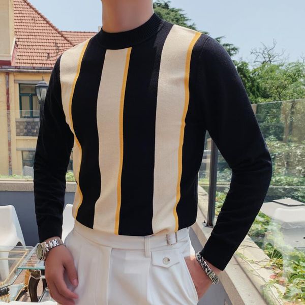 

men's sweaters british style contrast color pullover knitted heren sweater turtleneck long-sleeved casual pull homme black white, White;black