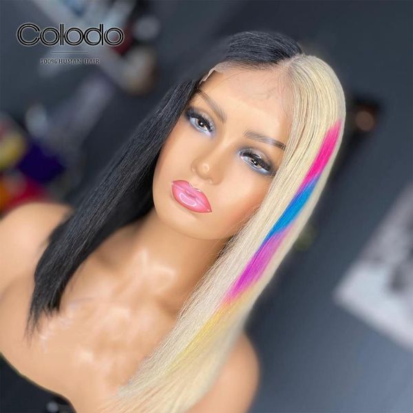 

colodo 12-16 inch bob wig rainbow half black half blonde human hair wigs brazilian remy ombre lace front wig for black women, Black;brown