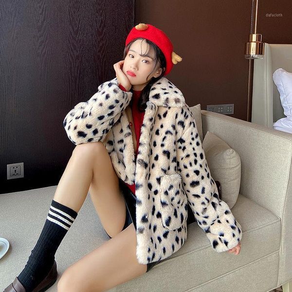 

women 2021 autumn winter leopard print faux fur coat female thick casual warm soft fake fur jacket plush overcoat outerwear c2021, Black