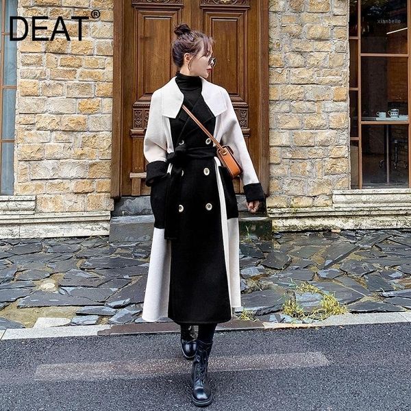 

deat] hit color black white woolen coat women elegant with sashes full sleeve lapel collar trench 2020 new autumn fashion tu4021