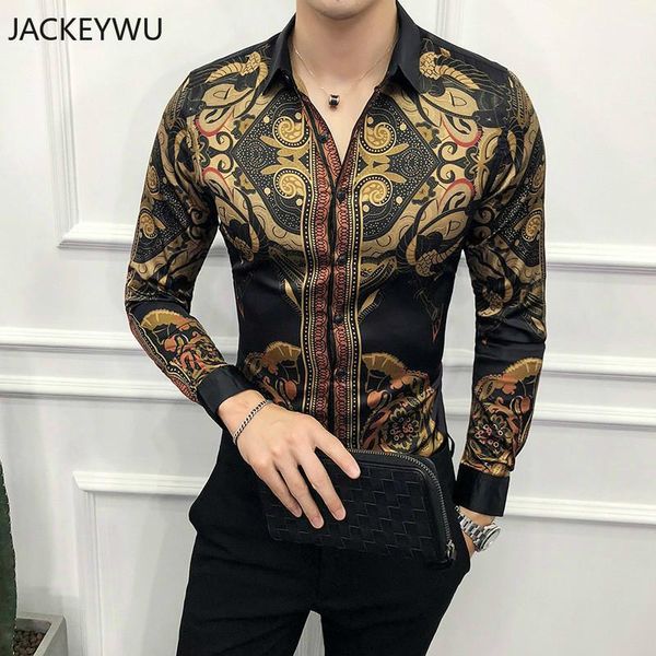 

brand gold black shirt men 2019 high grade silky night club prom men shirt slim fit long sleeve chemise homme social hip hop1, White;black
