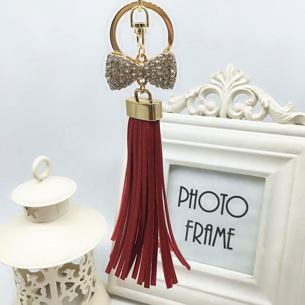

new gold leather tassel keychain for women crystal bowknot keyring bag charm for keys porte cle llavero sleutelhanger eh583 h sqcavy
