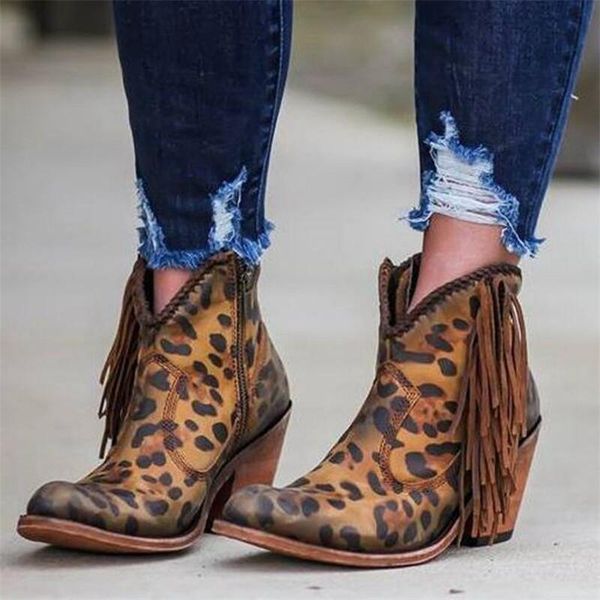 Stiefel Frauen Schuhe 2021 Mode Leopard Print Sexy Spitz Knöchel Slip Auf Zipper Tiefe V High Heel Dame