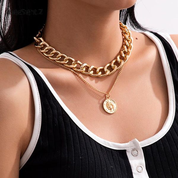 

steampunk curb cuban miami thick chunky choker necklace collar multi layered vintage carved coin pendant necklaces women jewelry, Silver