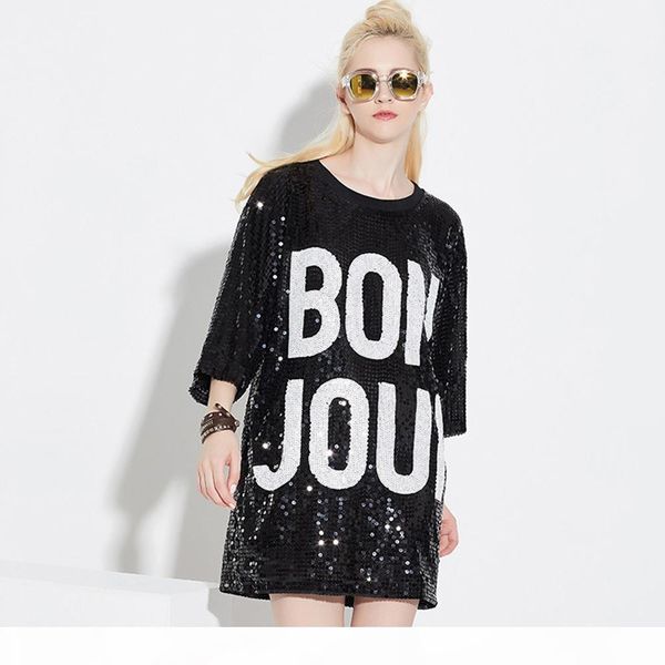 

women club dresses 2016 knee length sequined dress casual t shirt dress long black red green gold silver, Black;gray