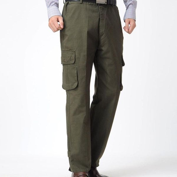 

men's pants men casual pockets button zipper long straight cargo outdoor trousers, Black