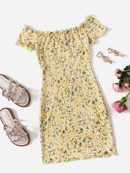 

girls ditsy floral frill trim bardot dress she, Red;yellow