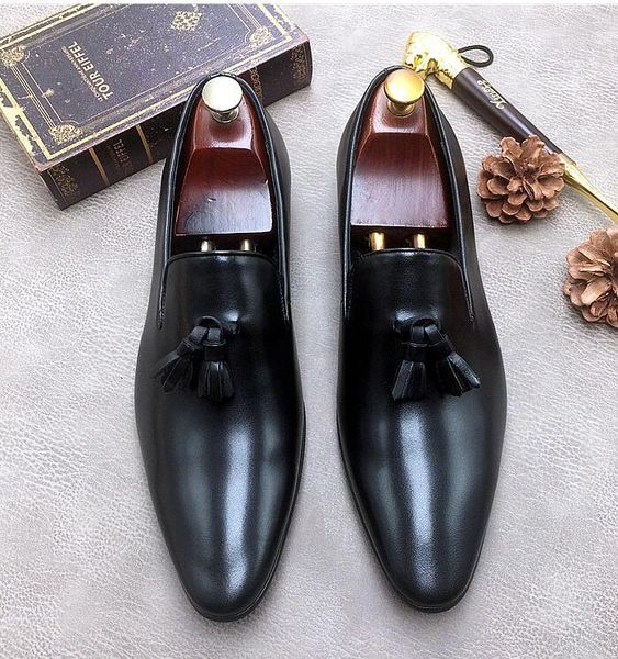 

toe new men pointed dress shoes fashion tassel slip-on handmade shoes genuine leather wedding party, Black