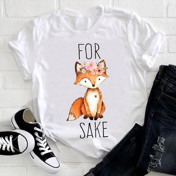 

women short sleeve floral flower trend fashion fox cartoon animal 90s clothes ladies graphic print tee tshirt female t shirt, White