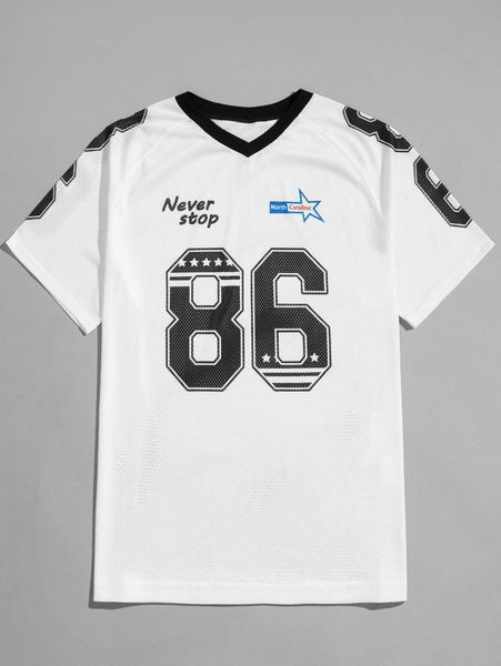 

men contrast v-neck letter & number print tee c1gz#, White;black