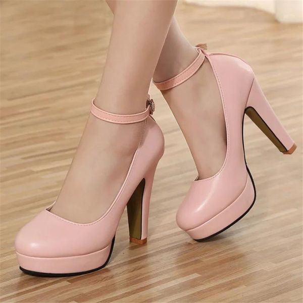 

2021 new high heels chunky shoes woman buckle strap platform pumps round toe shallow chaussure mujer work shoes black1, Black
